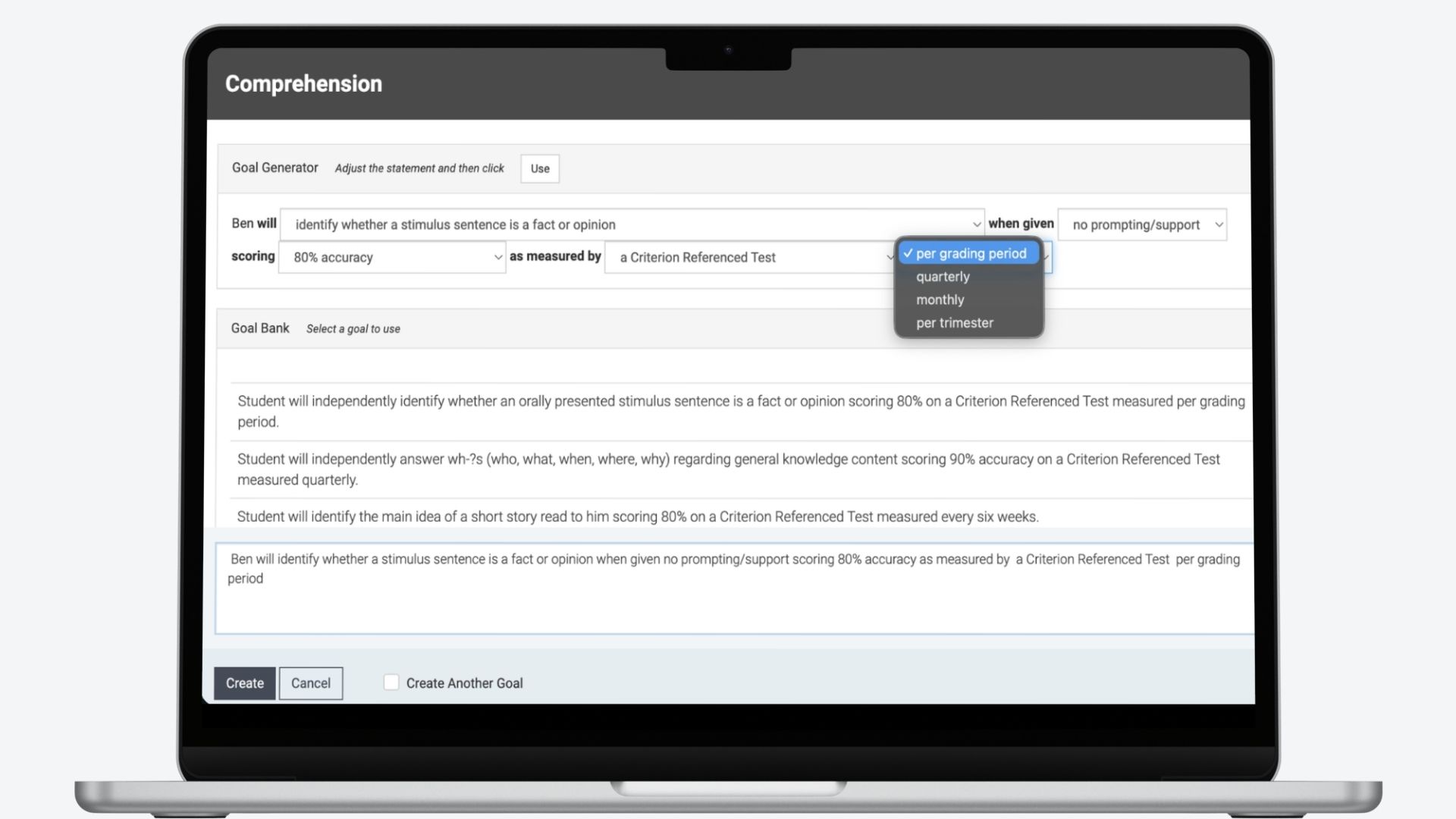 Goal bank and SMART goal generator in SLP Toolkit
