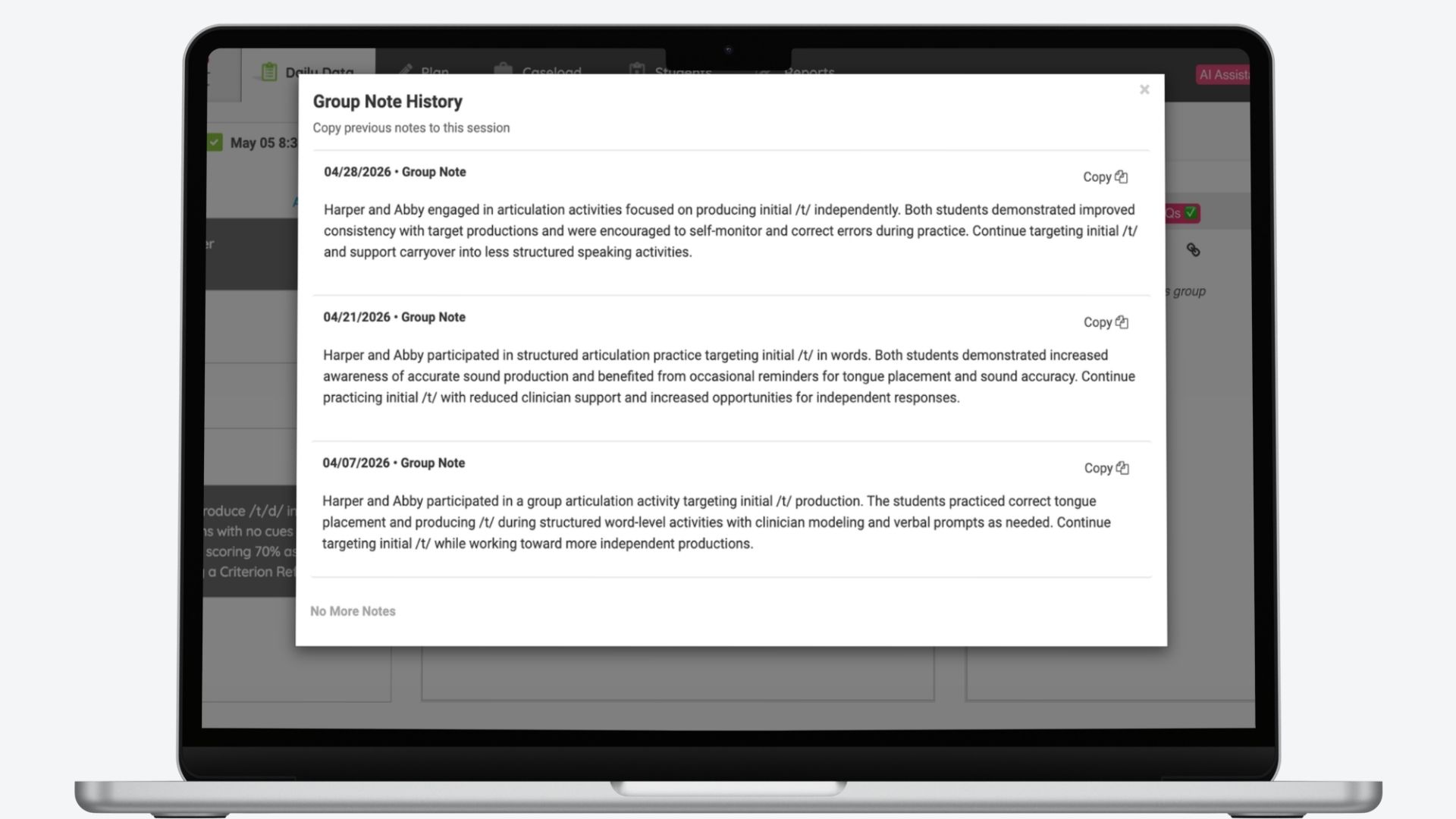 Session notes in SLP Toolkit